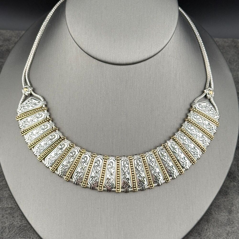 Vintage Monet Silver-Gold-Tone Etruscan Style Bib Collar Necklace Boho Tribal - Picture 13 of 14